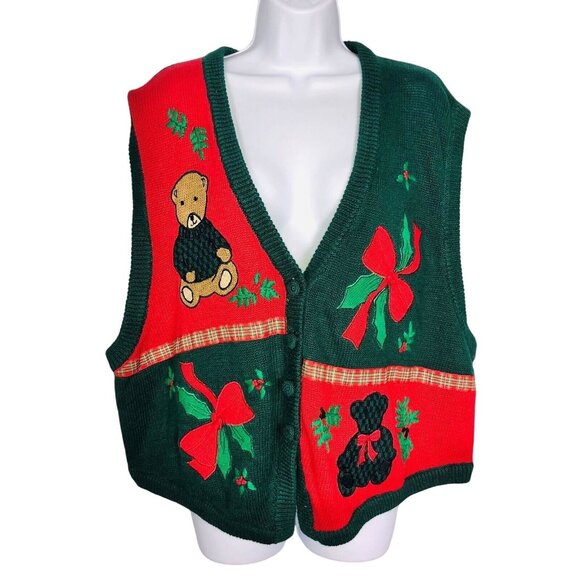 Vintage Bryn Connelly Sweater Vest Womens 2X Green Christmas New Teddy Bears - Picture 1 of 7
